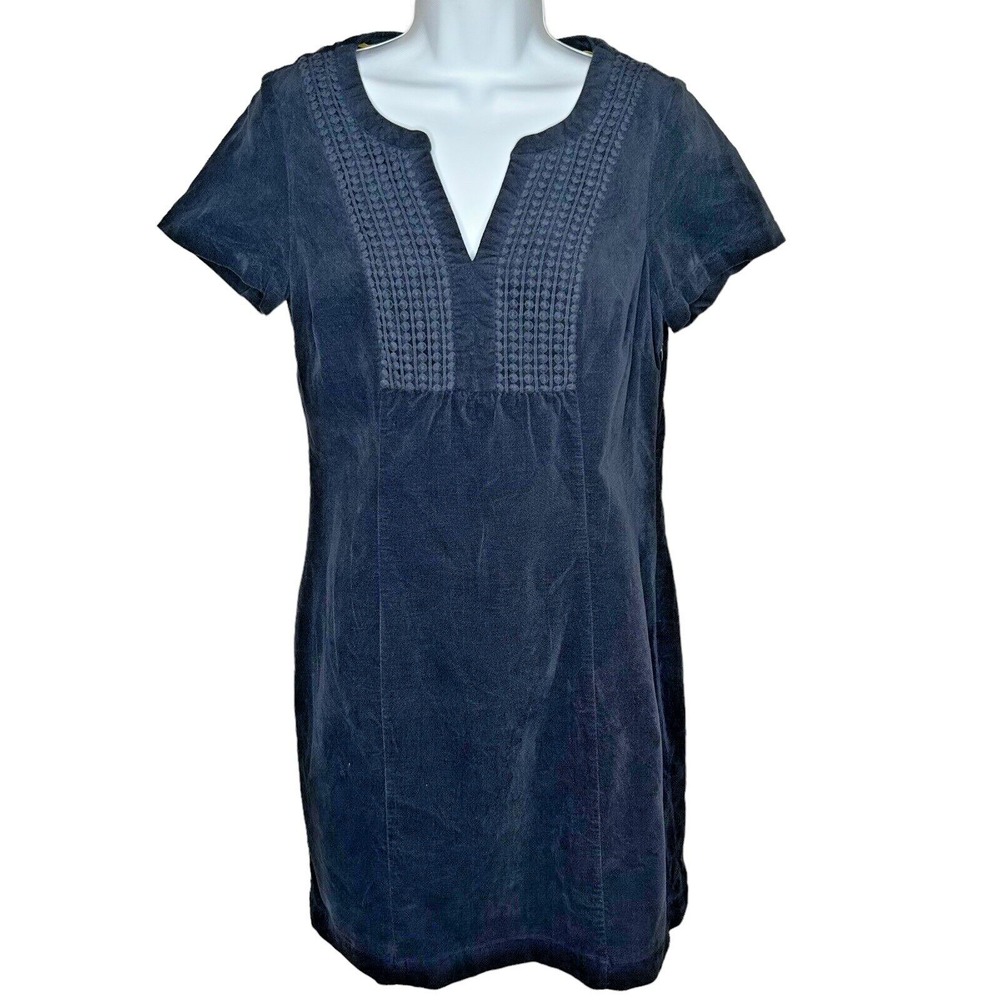 Boden Navy Blue Corduroy Shift Dress Embroidered Notch Neck Size 6R